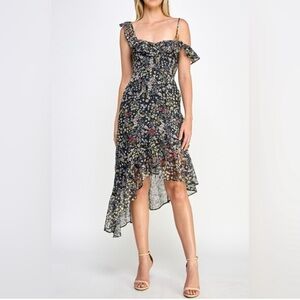 Floral Asymmetrical Black Dress